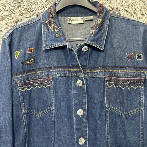 Vintage 90's Artsy Bohohemian Whimsy Celestial Beaded Aztec Denim Jacket Medium - Picture 5 of 11